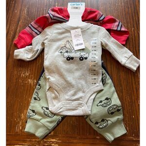 Carter's Boys 4 Piece Bodysuit Pant Set 0-3 Months - Tow Truck Red Blue Gray